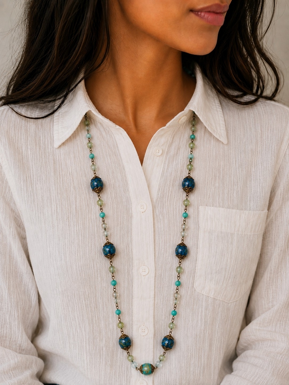 Long Beaded Turquoise & Teal Necklace - Women Jewelry